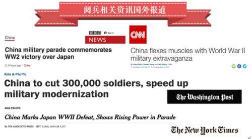在国外社交网站推特上，阅兵相关资讯的活跃度同样于9月3日达到最高值。截至9月4日12时，过去一天内关于中国阅兵的推特数占过去一周阅兵相关推特总数的58.9%，关于裁军消息的推特数量为2,803。在阅兵结束后12小时内，阅兵相关推特数为3,502条，热度有所降低。
