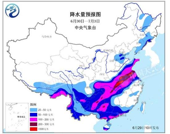 降水量预报图（6月30日—7月3日）